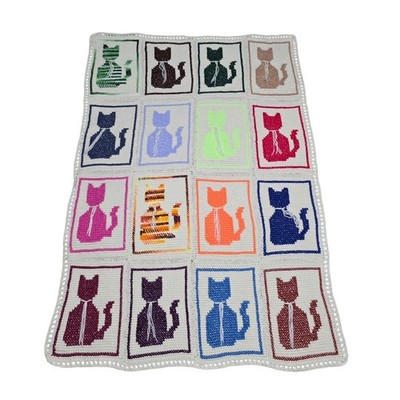 Handmade Crochet Cat Afghan Blanket Colorful Kitten Silhouette Throw 26x36