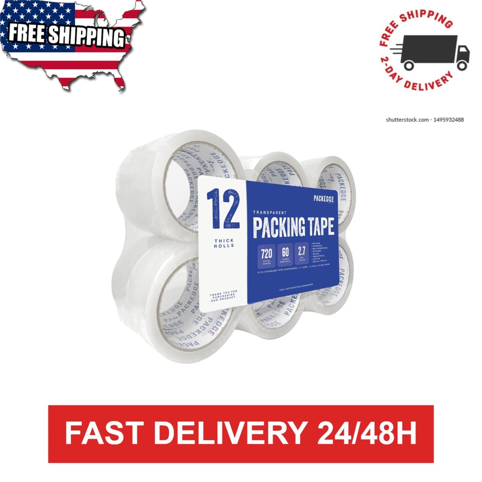 Packedge Clear Packing Tape 12 Rolls 1.88 in x 60 Yd Heavy Duty Shipping
