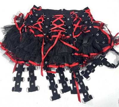 Hell Bunny Black Punk Emo Grunge Mini Tulle Skater Mini Skirt D Ring Straps XS