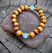 Wood Beaded Stretch Bracelet w/ Blue Round St...