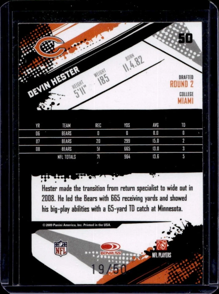 2009 Panini Score Inscriptions Devin Hester Gold Zone #19/50 Bears - Image 2 of 2