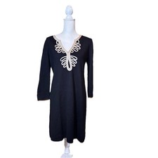 Lilly Pulitzer Devlin Merino Wool Shift Sweater Dress Black Gold Trim Large