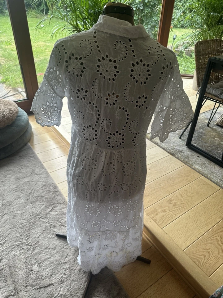 Damen Hemdblusenkleid S Normalgröße Baumwolle Spitze weiß Kurzarm Midi Knöpfe - Bild 2 von 2