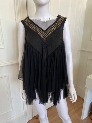 Balmain Paris Christophe Decarnin SS 2009 Black Silk Tulle Tunic Studded Top 