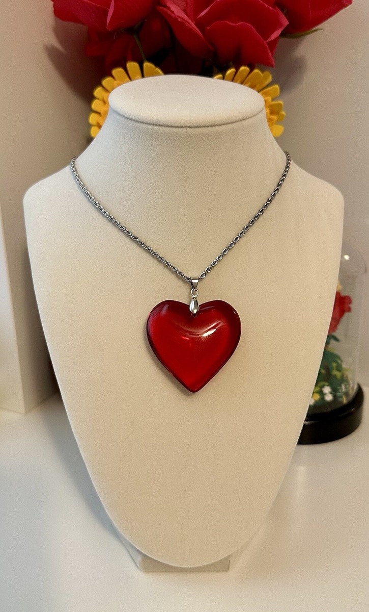 Big Large 3D Crystal Glass Red Heart Charm Pendant On Stainless