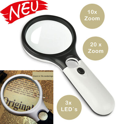 LED Lupe Leselupe mit Licht Beleuchtung 20-fach Vergrößerungsglas Juwelierlupe