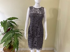 Adrianna Papell Lace Illusion Neckline Sheath Dress Cocktail Party Size 6 Gray