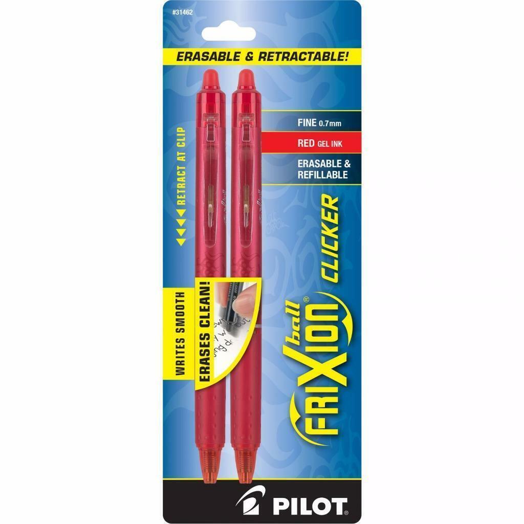 Pilot ~ Red Gel Ink ~ Frixion Ball Clicker Erasable  Pen ~ Fine 0.7mm ~Pkg of 2
