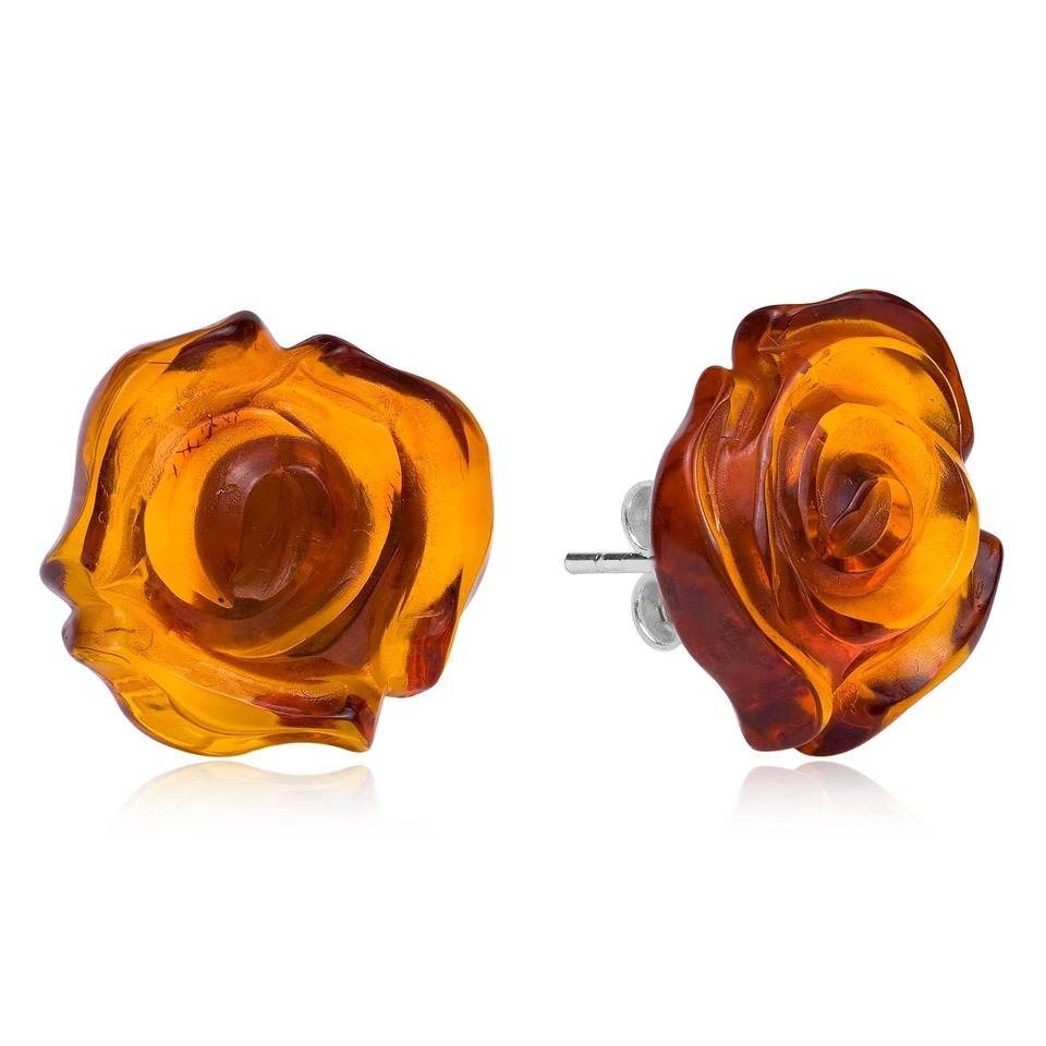925 Solid Pure Sterling Silver Honey Baltic Amber Designer Rose Stud Earrings - Image 3 of 4