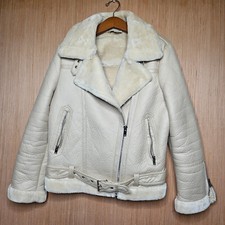 Topshop Jacket Womens Us 6 Beige Aviator Pilot Bomber Biker Faux Suede Fur Lined