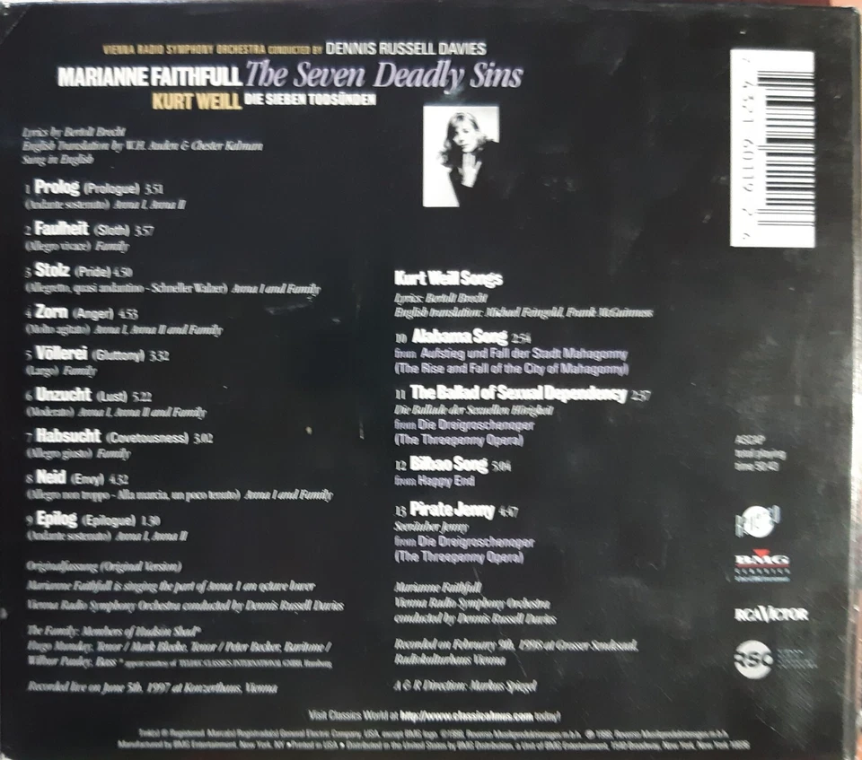 Marianne Faithfull - Seven Deadly Sins. CD. Very Good Used Condition.  - Image 2 of 2
