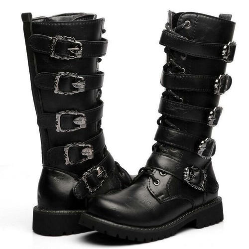 Mens Steampunk Leather Combat Boots Knee High Army Military Shoes Buckle Gothic - Picture 2 of 18