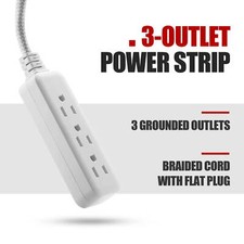 3 Outlet Braided Power Strip with 2 Ft. Cord Flat Plug Hyper Tough
