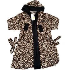 DKNY womens leopard print hooded robe M belted loungewear $78 MSRP stretchy