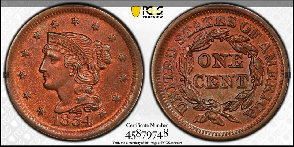 :1854 1C BRAIDED HAIR LARGE CENT PCGS AU DETAIL (MUCH RED) LOW POP HIGH GRADES - Image 3 of 3