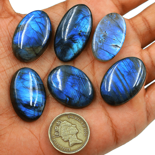 Posten 6 Stck. Natürlicher Labradorit Blau Feuer Top Qualität 28-34 mm Oval Cabochon Edelsteine - Bild 2 von 12