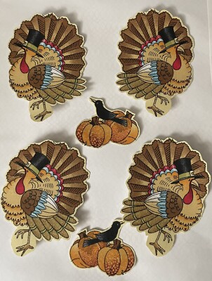 4 Fancy Turkeys with pumpkins and crows- Iron On Fabric Appliques ...