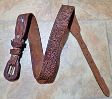 1930s 40s Vintage 1-1/4" Wide Leather Handmade USA Floral Leaf Tooled Belt 26-28