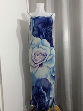 Vintage Blue Rose Print Maxi Slip Dress Spaghetti Strap Floral Dress UK 8