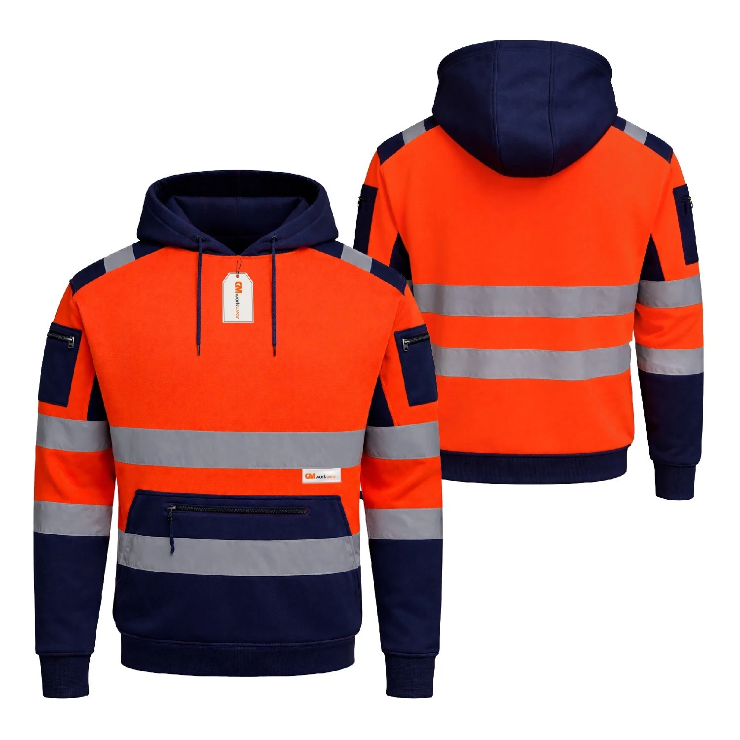 Orange Navy hi-vis pullover hoodie front and back