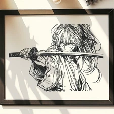 Hand Drawn (Not a Print) Rurouni Kenshin Himura Kenshin Framed Pen and Ink Art