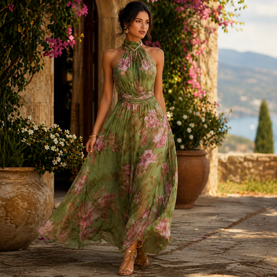 Women's Green Floral Maxi Dress Halter Backless Boho Summer Beach Gown |  eBay