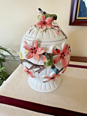NWT Corner Ruby Botanical Collection Ceramic Canister Florals Birds Branches