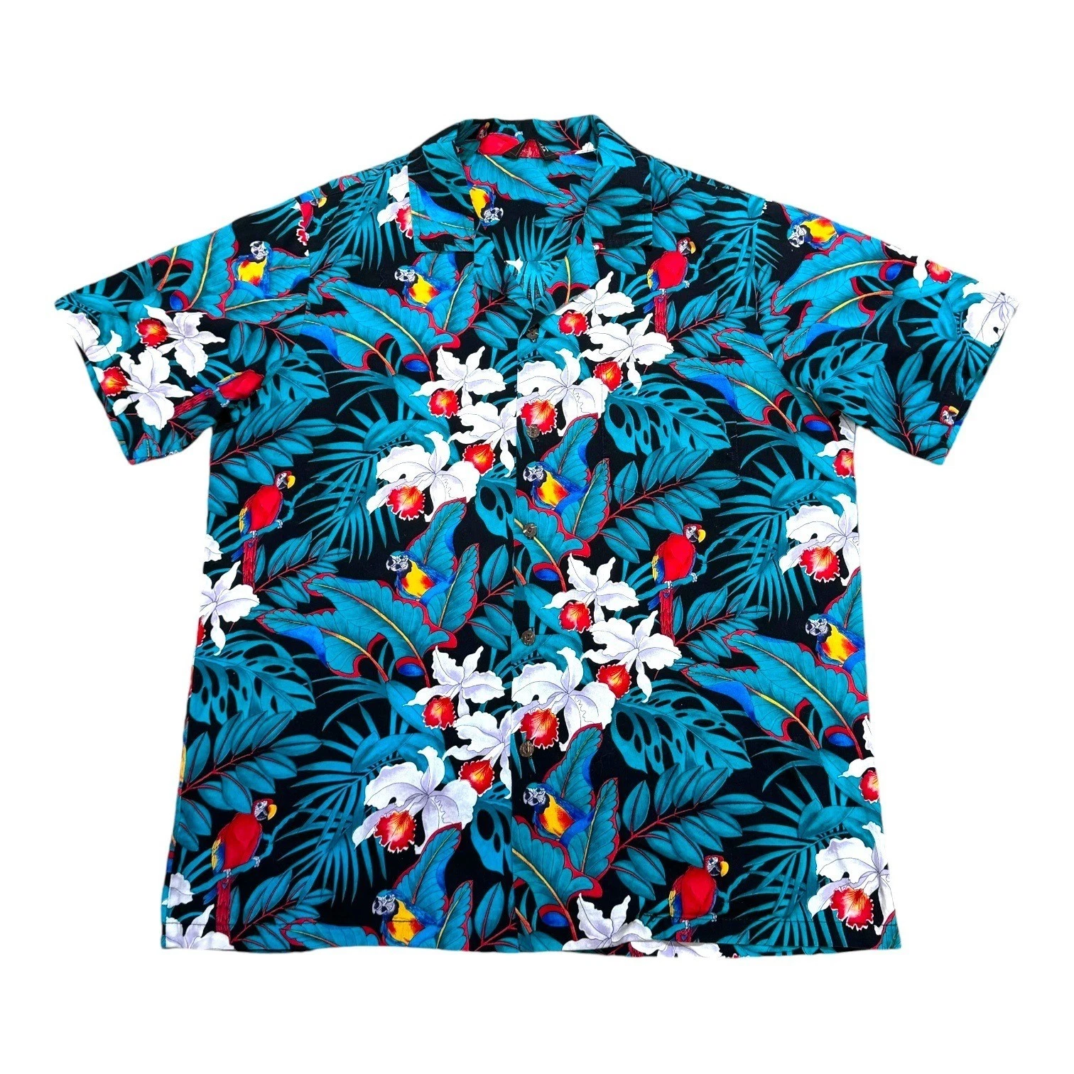 Casual Wear Hawaiian Shirt Parrot Tropical Flowers Macaw Orchid Floral Mens L