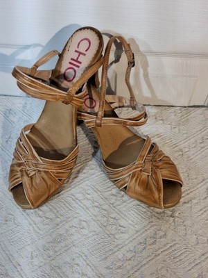 Chio Leather 2 Tone Beige/Tan Sandals Criss-cross Top W Ankle Strap Sz 9M Spain