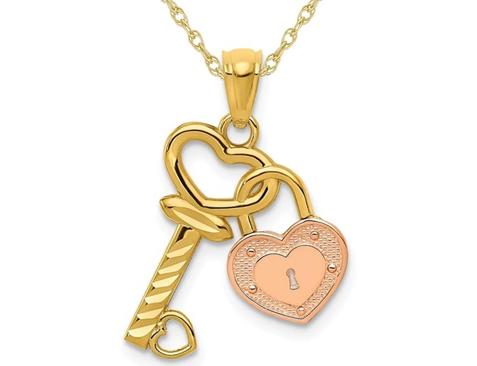 Colgante con llave y corazón de oro amarillo y rosa de 14K con cadena