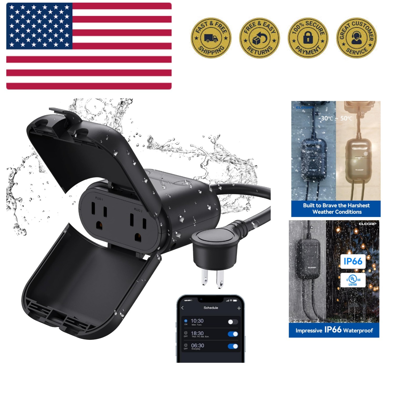 Outdoor Smart Plug Waterproof , WiFi Plug with 2 Individually Sockets, Compat...