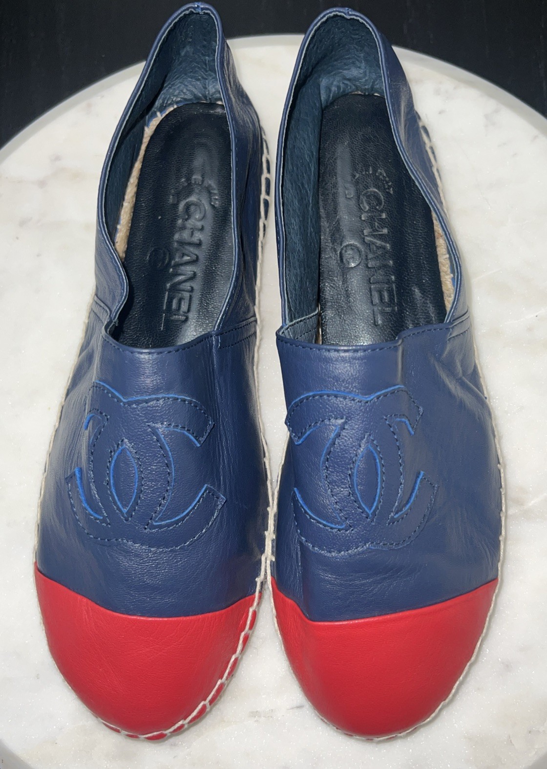 Chanel Red Blue Lambskin Leather CC Cap Toe Espadrille Flats Size 41