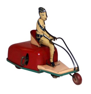 Nice Clean Glossy & Working 1930s Tin Windup Girl on Scooter by Lindstrom