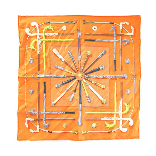 HERMES Scarf Gavroche 42 CANNES & POMMEAUX Orange 100% Silk mini