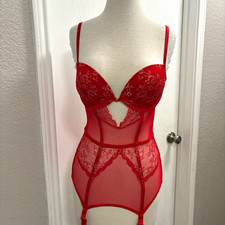 Victoria's Secret Red Underwired Sheer Floral Teddy Bodysuit 34D