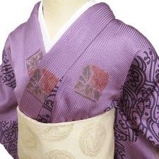 Fine pattern kimono, used, pure silk, casual, flower pattern, peony, wave