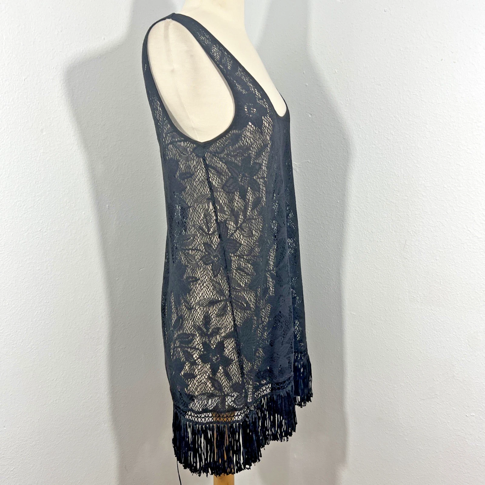 UNDERCOVER Abito Victorias Secret donna SP nero frange copricostume da bagno spiaggia vacanze