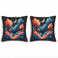 Serene Nighttime Landscape Throw Pillow Covers - Set of 2 18x18in Colorful Trees