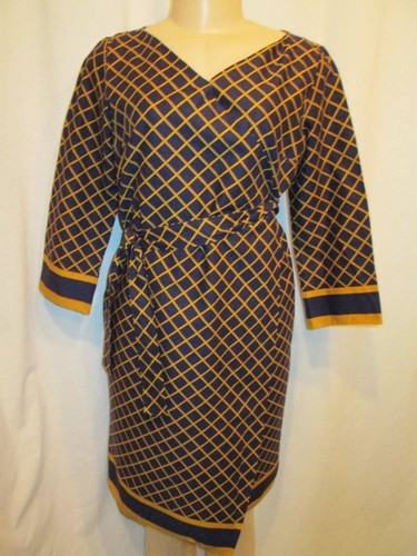 Vintage 60s Day Dress GIGETTE Wrap Around Cotton Gold Navy Stripe Plaid S M - Picture 6 of 12