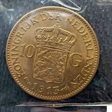 1913 Netherlands Kingdom Queen Wilhelmina 10 Gulden Gold Coin - AU/UNC