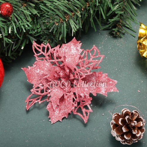 10PCS Glitter Poinsettia Fake Flower Christmas Wreath Tree Decoration Xmas Party - Picture 9 of 15