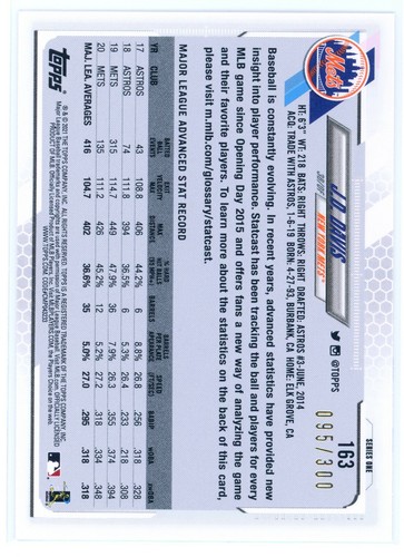 2021 Topps Series 1 - J.D. Davis Advanced Stats Insert /300 - New York Mets #163 - Bild 2 von 3
