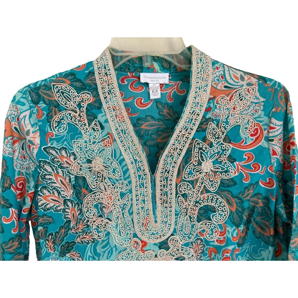 Charter Club Tunic Top Blouse Cotton Embroidered Paisley Size Small - Image 3 of 4