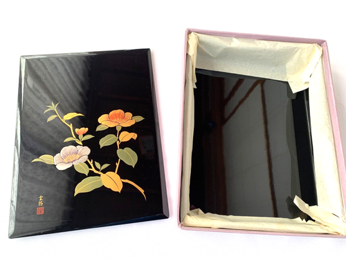 Lackdose Japanisch Holz Lackiert Box Schwarz Blumenmuster L11,8xB9,1xT2,4in - Bild 2 von 14