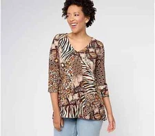 Attitudes by Renee Como Jersey V-Neck Hi-Low Top Animal Mix Medium A612919