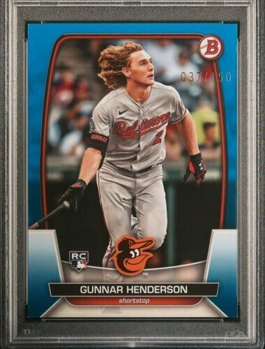 2023 Bowman Rookie /150 Blue Border #65 Gunnar Henderson RC SP BAL -PAPER- PSA 8 view 9