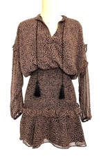 AQUA NEW Bloomingdale's Brown Black Leopard Print Ruffle Smocked Dress Tassels S