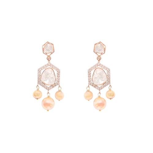 Sparkling Rose Cut Polki & Double Cut Diamond 925 Sterling Silver Pearl Earring