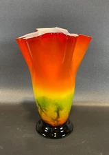 Vintage Art Glass Vase Orange Yellow Black w/Ruffled Top 11"x8"