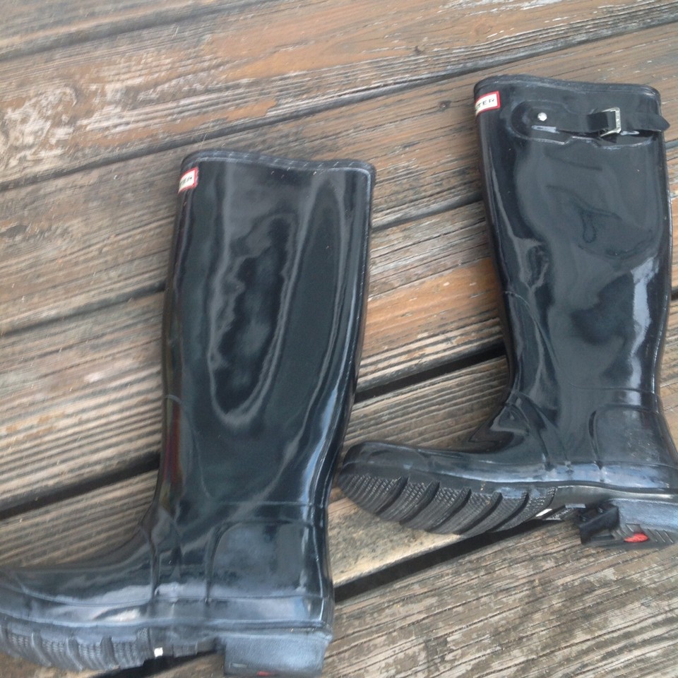 Hunter Black Gloss Wellies Tall Rain Boots Galoshes Womens 9 Mens 8 EU